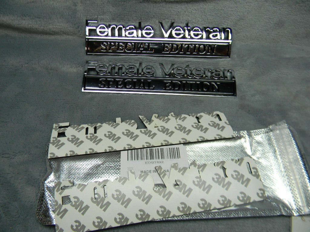2PC STAINLESS STEEL “FEMALE VETERAN SPECIAL EDITION” TAILGATE/FENDER EMBLEMS-NEW