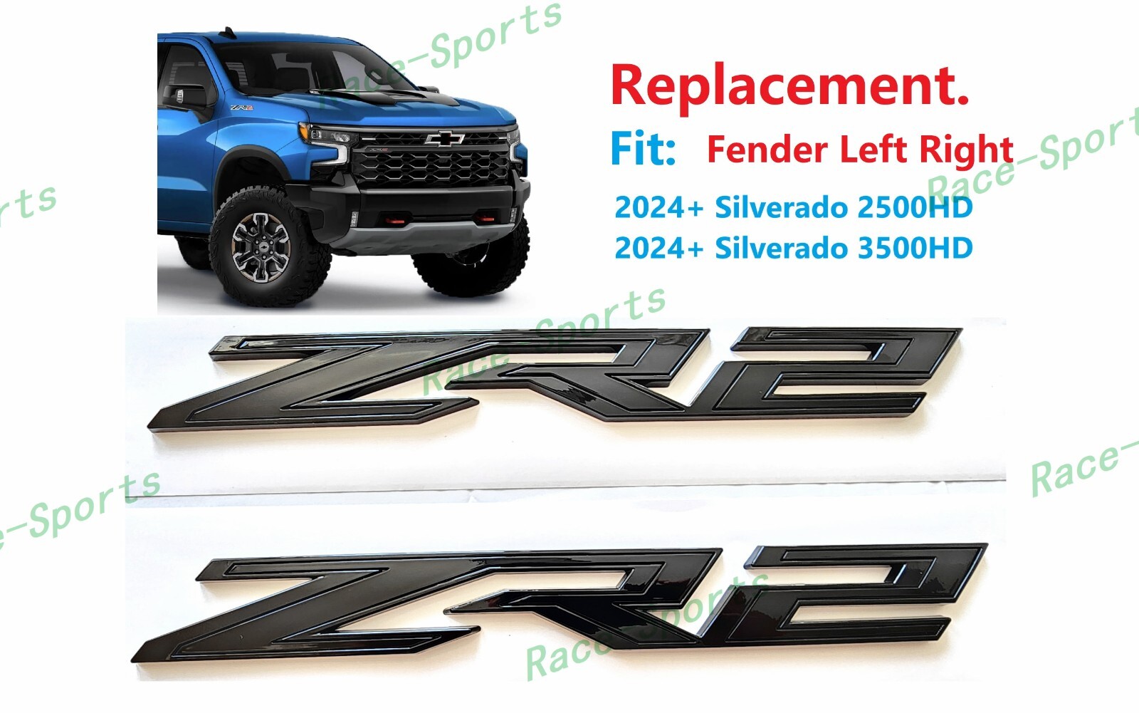2pcs Gloss Black Fender ZR2 Emblems Fit Silverado 2024+ 2500HD 3500HD