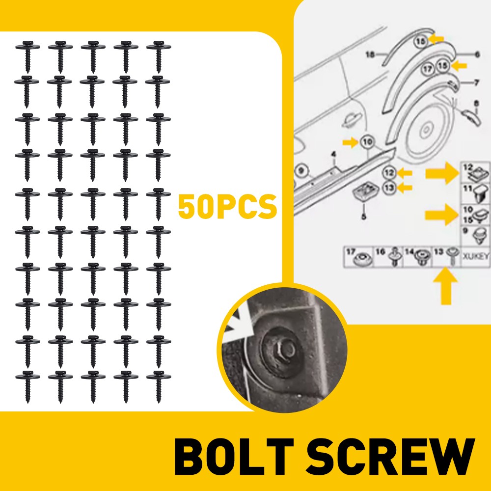 50*Car Screw Fender Liner Body Bumper Cover Shield Splash Bolt Metal Black Screw