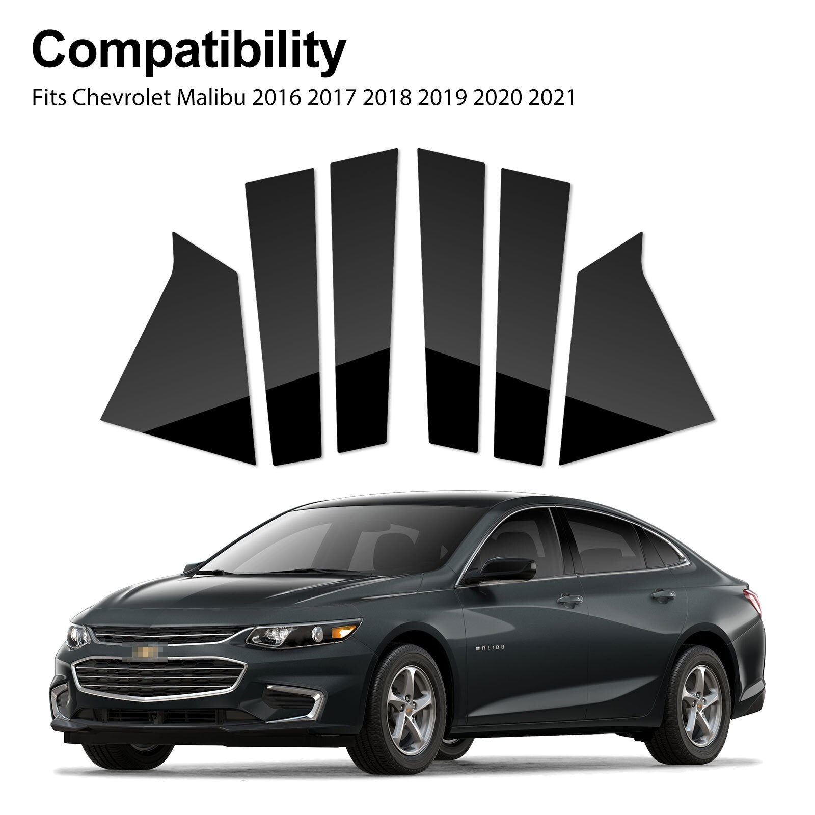 6pc Set Glossy Black Pillar Posts Door Trim For Chevrolet Malibu 2016-2021 US