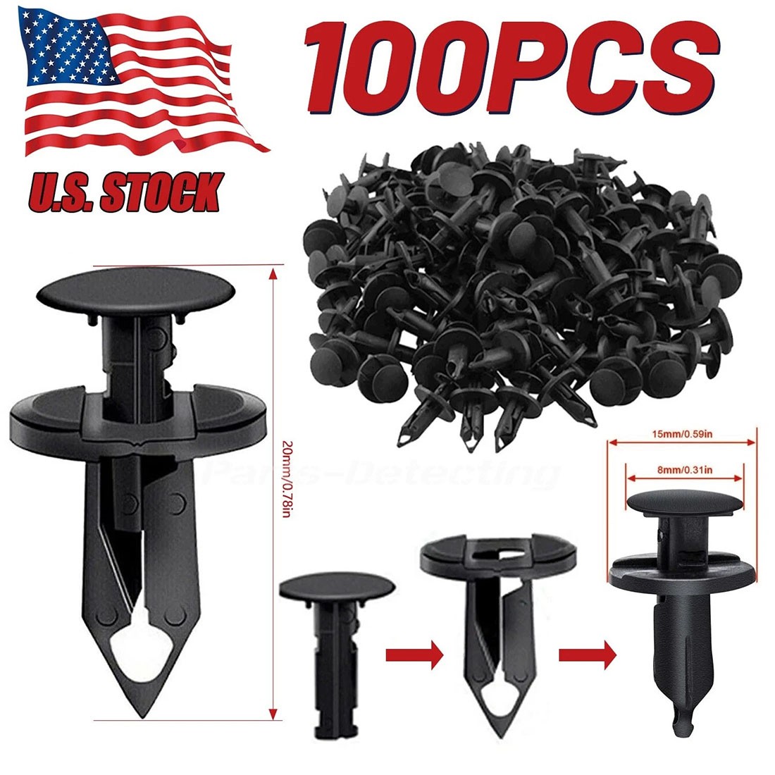 100X 8mm USA Bumper Clips Retainer Auto Car Plastic Rivets Fastener Fender Push