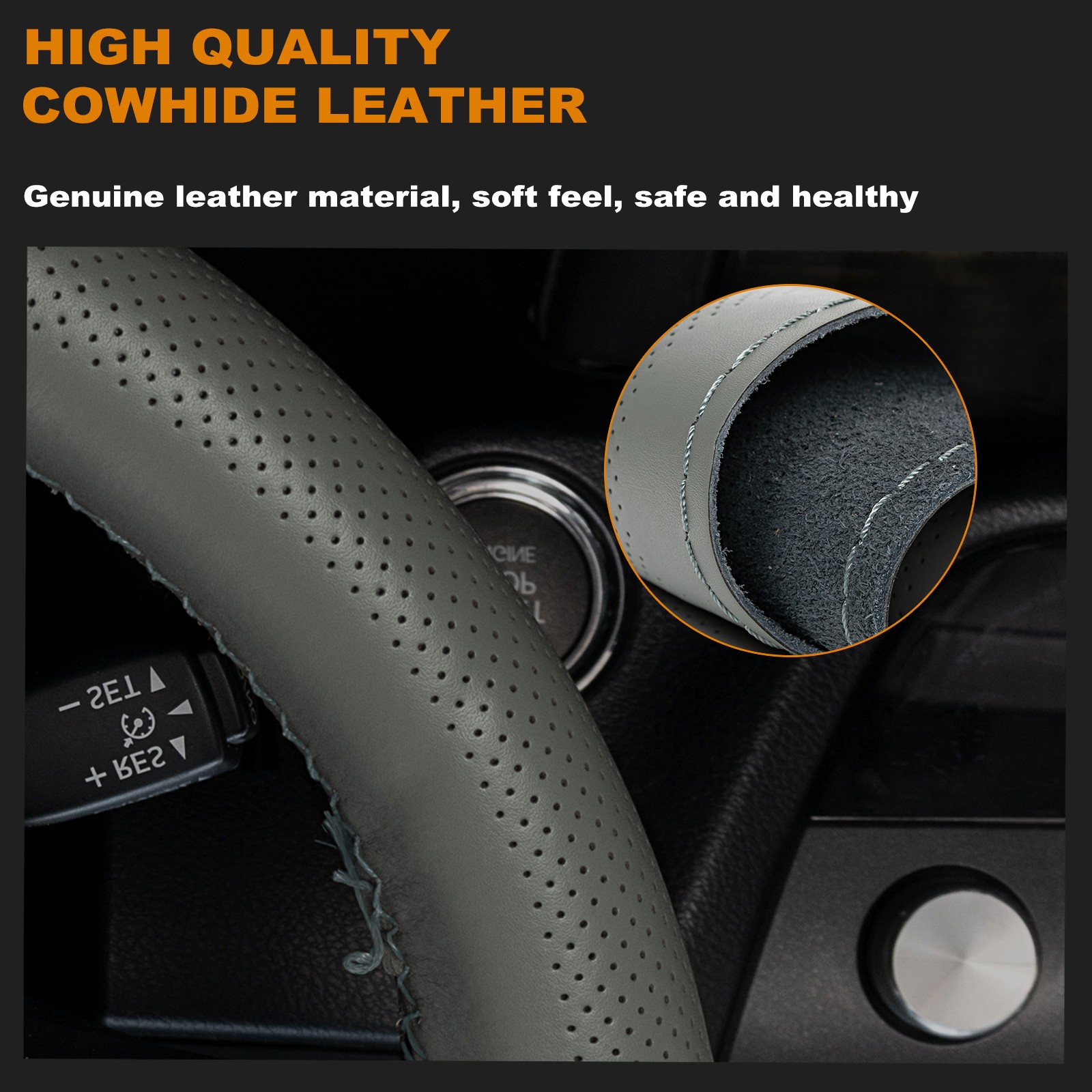 15” Genuine Leather DIY Car Steering Wheel Cover Breathable Anti-slip Gray