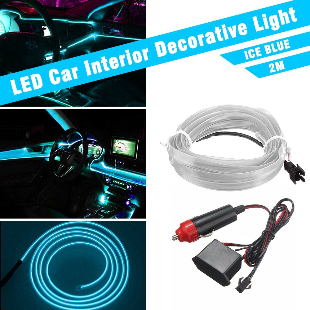 2M Ice Blue Car LED EL Wire Light Strip Interior Atmosphere Glow Neon Lamp Decor