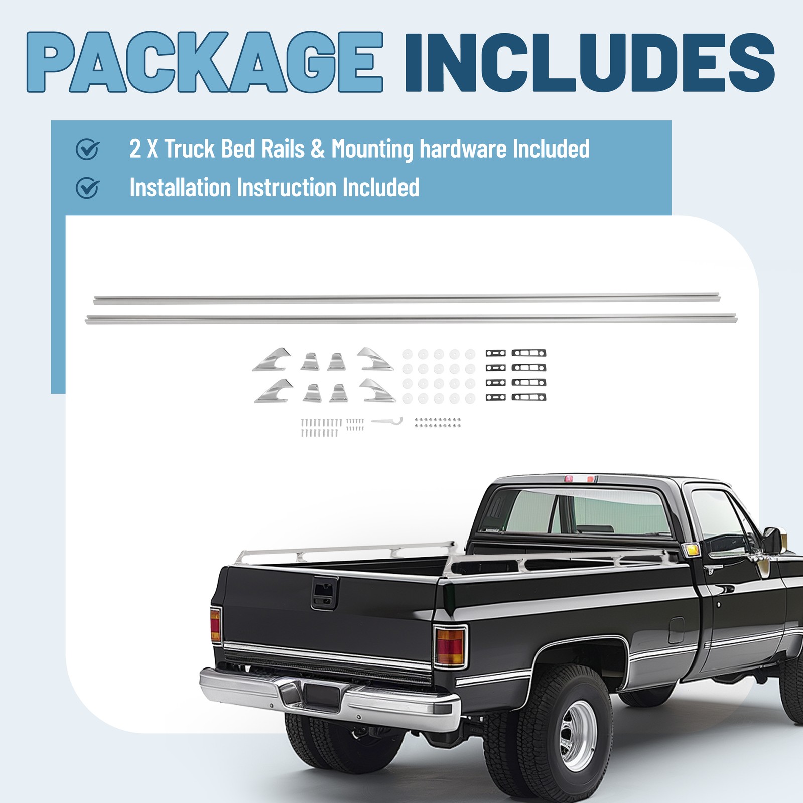 Truck Bed Rails For 1967-1991 Chevy GMC Heavy Duty Long Bed Trucks Chrome