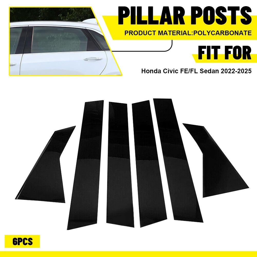 6pcs Glossy Black PC Window BC Pillar Post Cover Trim For Honda Civic 2022-2025