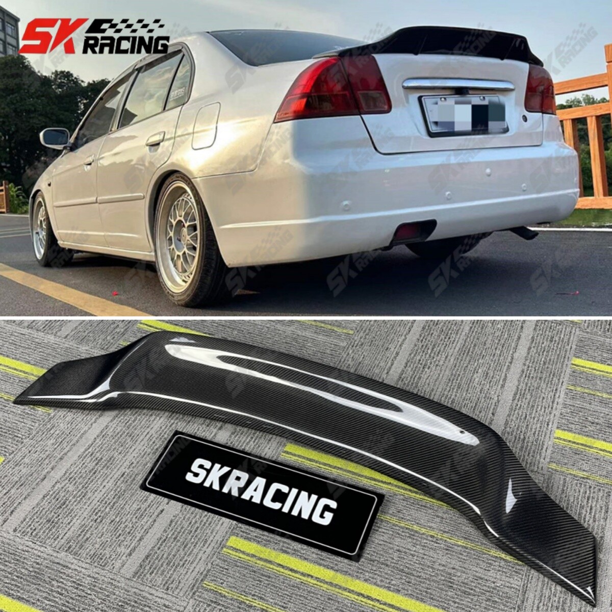 For 2001-2005 Honda Civic Sedan Carbon Fiber/Glossy Black Rear Spoiler Wing