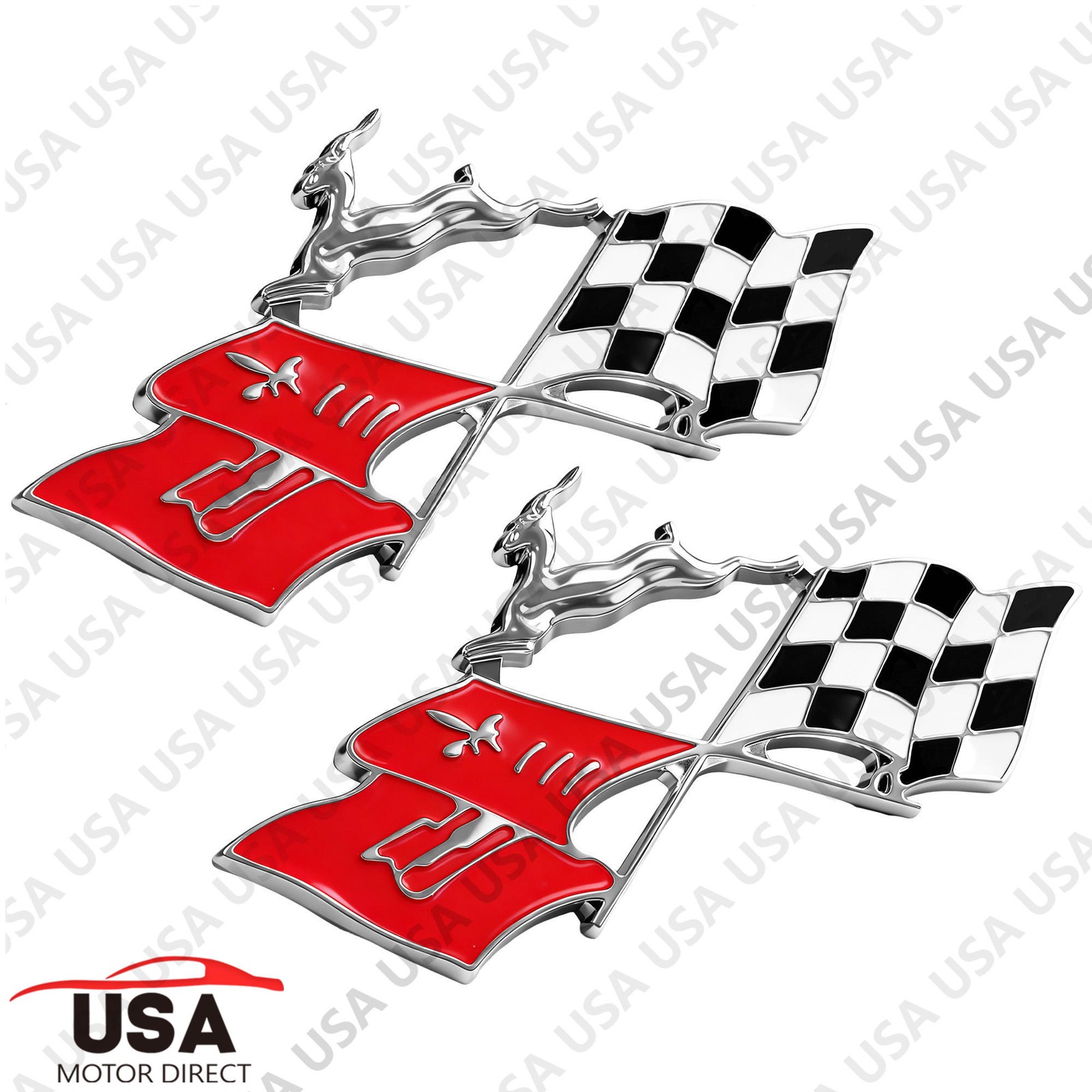2PCS Silver Fits for 1961 Impala Die Cast Rear Quarter Panel Emblem Crossed Flag