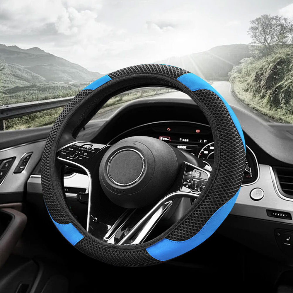 1X Accessories Car Steering Wheel Cover Blue Ice Silk Leather 38cm/15″ Universal