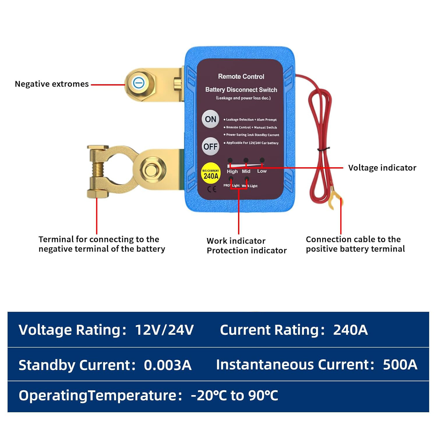 12V 240A Kill Switch Automatic Power Shut Off Switch Remote Battery Disconnect