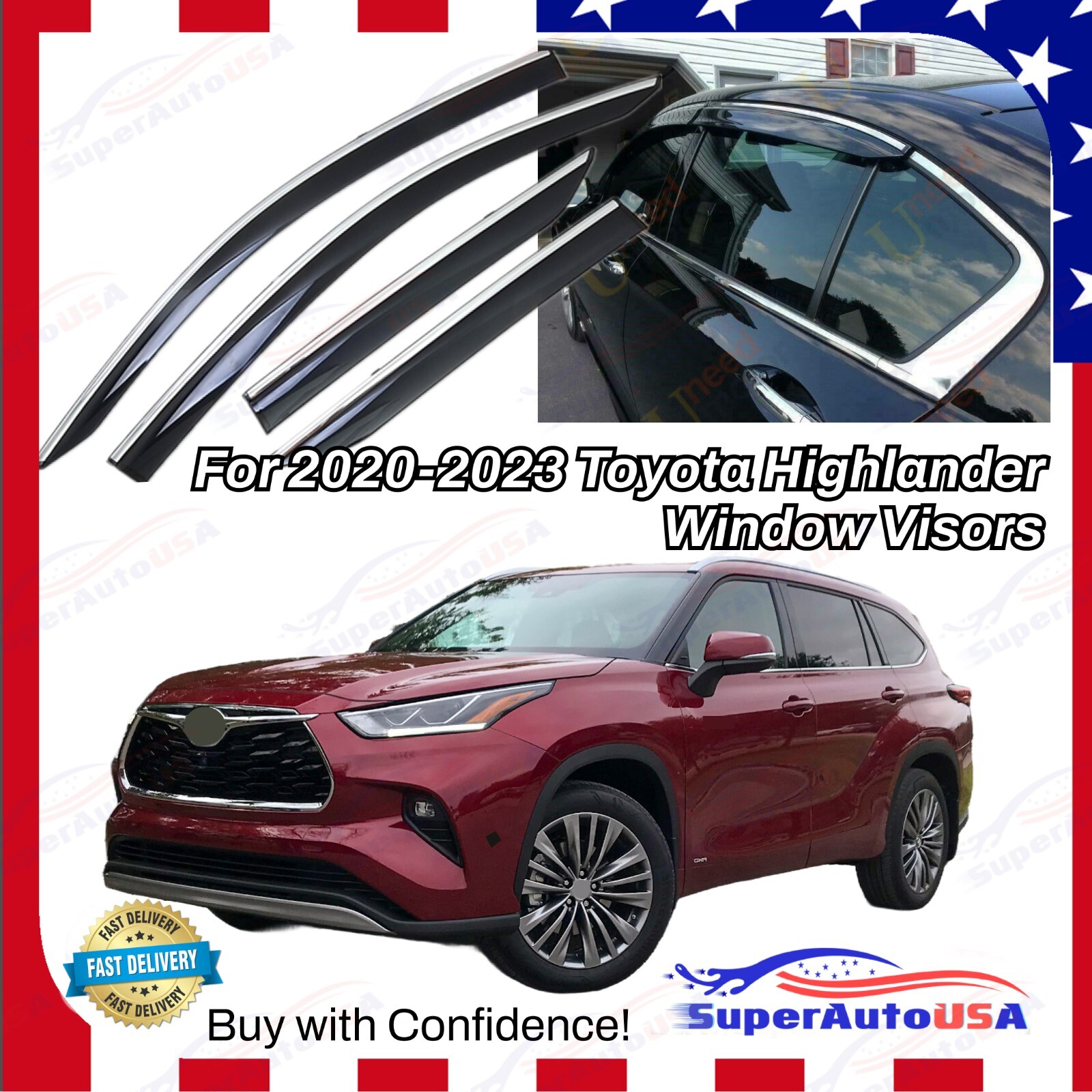 For Toyota Highlander 2020-24 Chrome Trim Window Visor Rain/Sun Shade Vent Guard