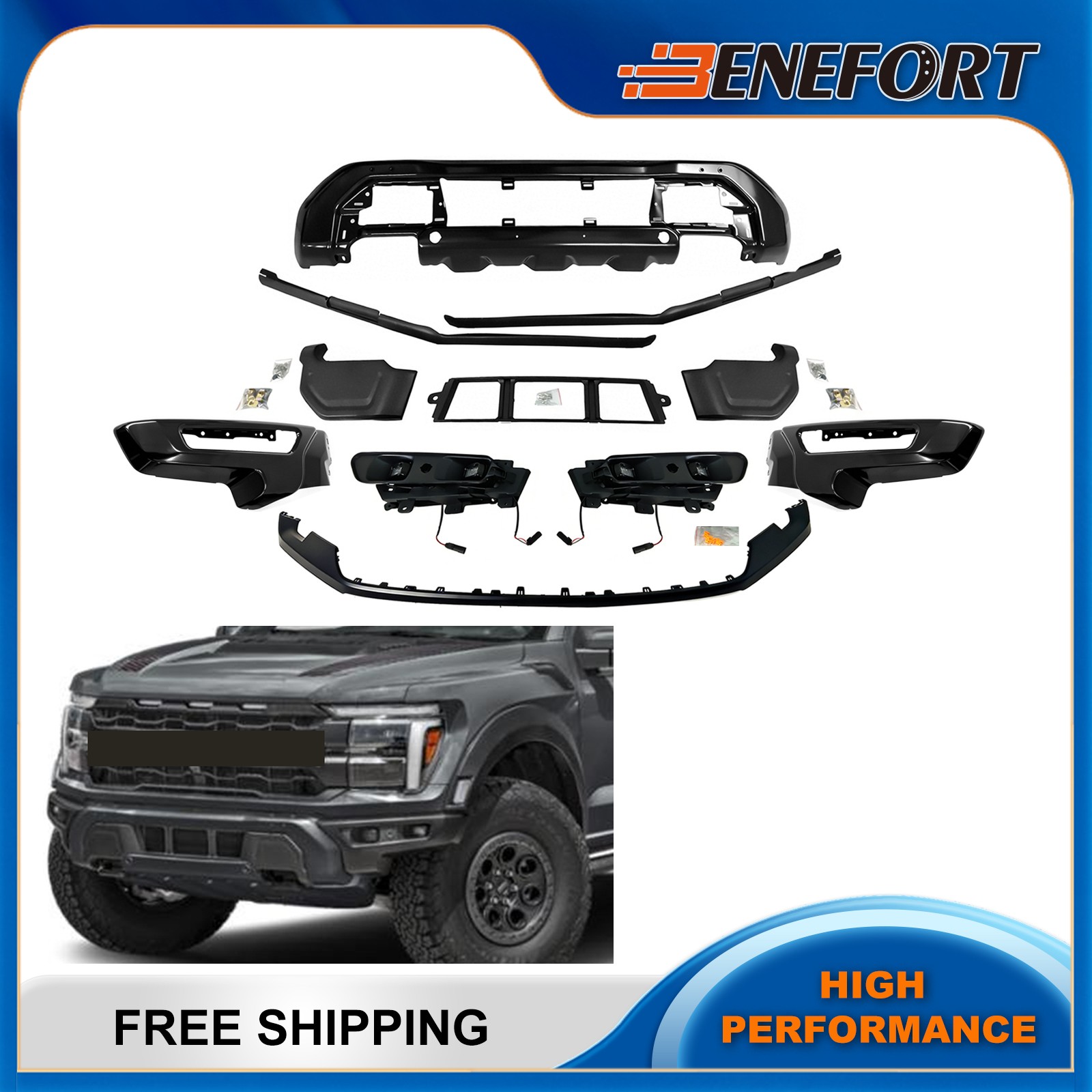 Complete Front Bumper Face Bar Kit W/ Foglights For 2024-2025 Ford F-150 Raptor