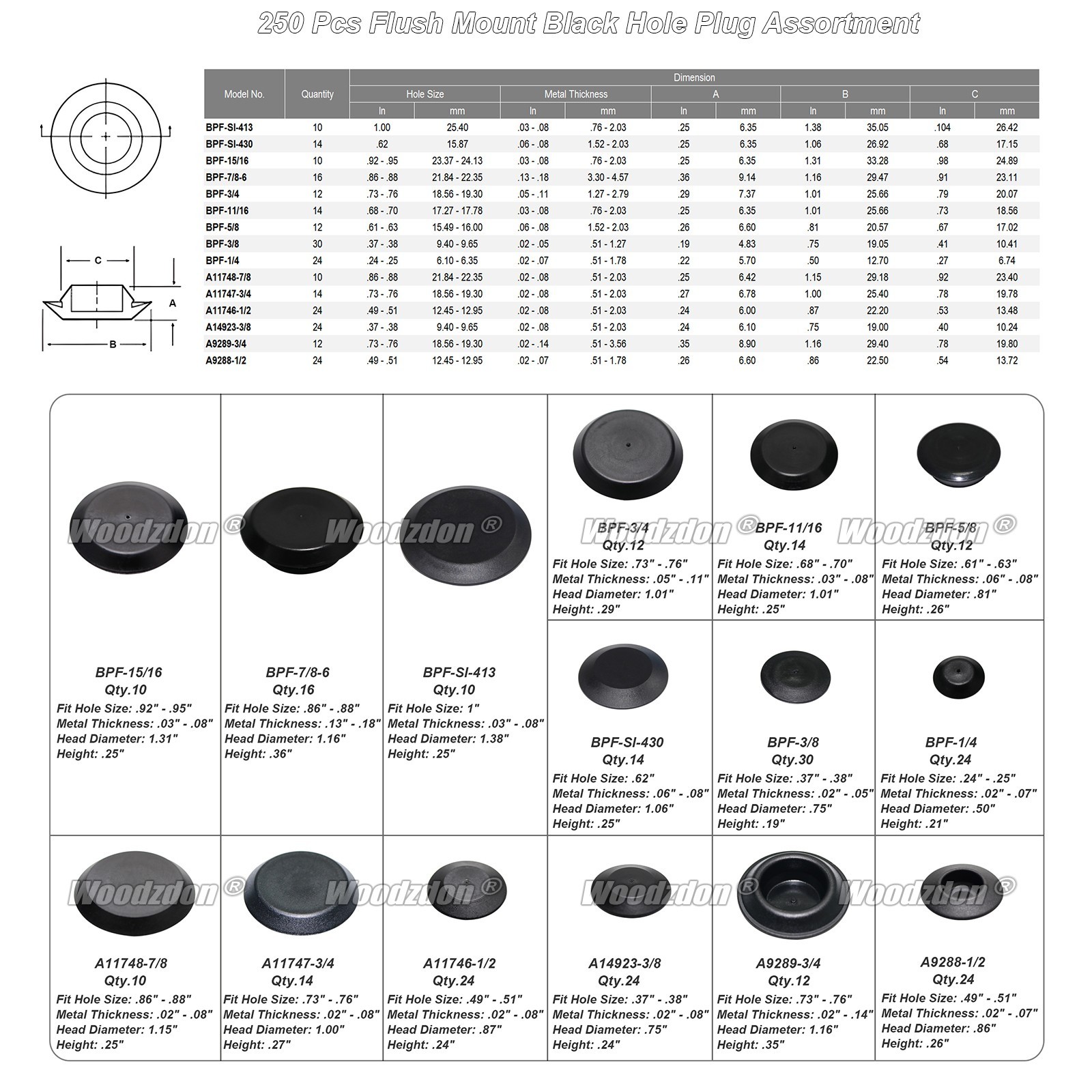250pcs Auto Body Black Plastic Hole Plug Button and Flush Mount Sheet Metal Plug