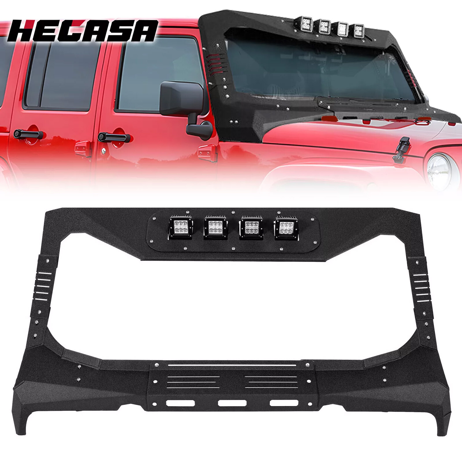 HECASA For Jeep Wrangler JK 07-18 Windshield Frame Visor Cowl Armor w/ Light
