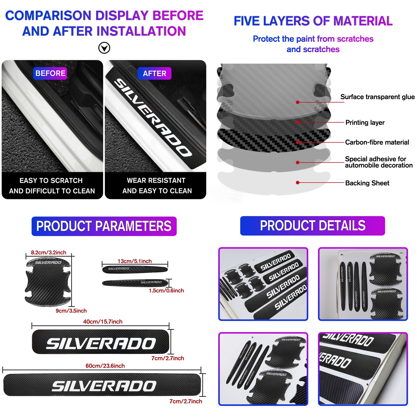 For Silverado 1500 2500HD 3500HD Car Door Sill Plate Step Scuff Cover Protector