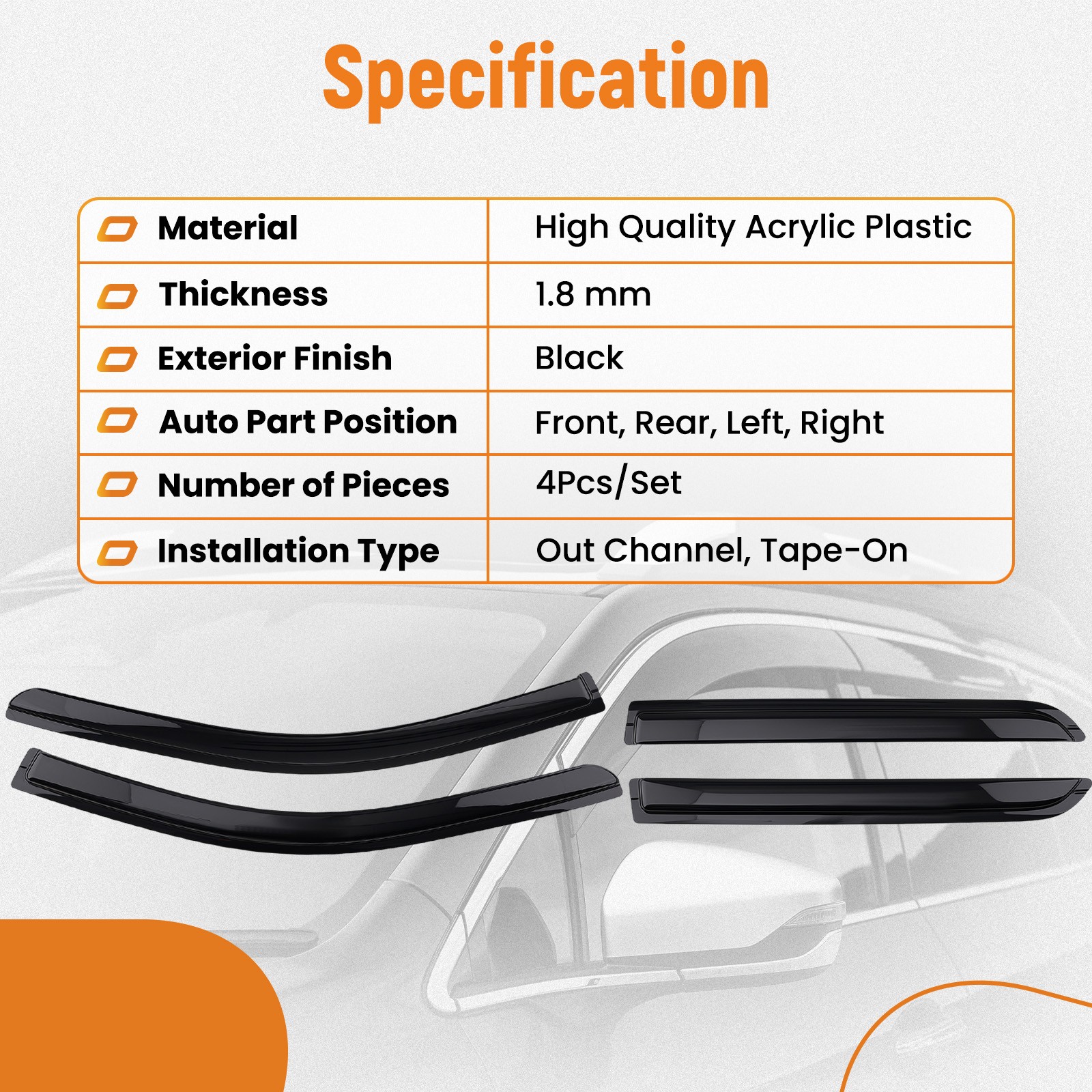 Outside Mount Window Visor for Dodge Durango 2011-2024 Rain Guards 4Pcs 1.8mm