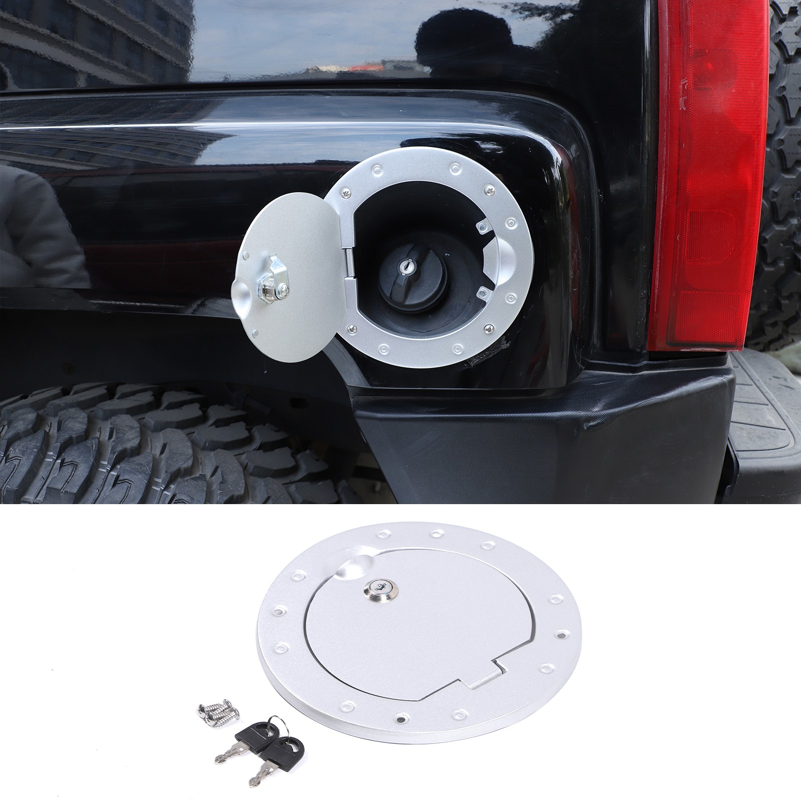 Alloy Fuel Filler Door Cover Gas Tank Cap w/keys Lock For Hummer H3 05-09 Sliver