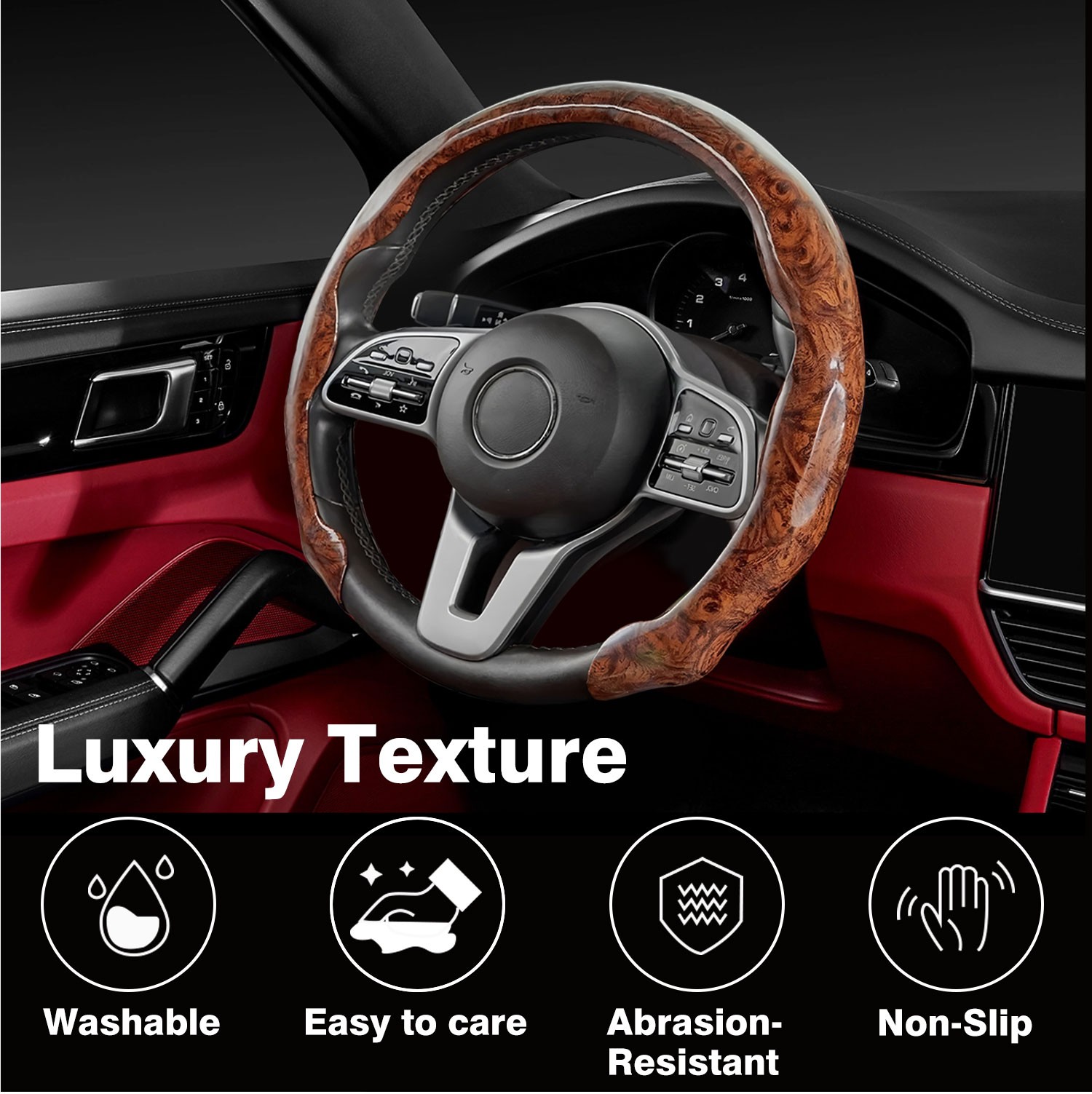 Leather Carbon Fiber Grain Car Steering Wheel Cover Universal Size 14.5-15″