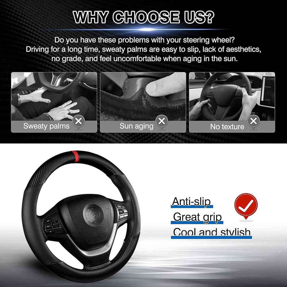 For Ford Car Steering Wheel Cover Carbon Fiber Pu Leather Anti-slip Accessories