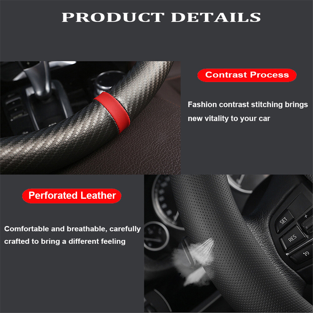 Carbon Black Leather Car Steering Wheel Cover Breathable&Non-slip Accessories