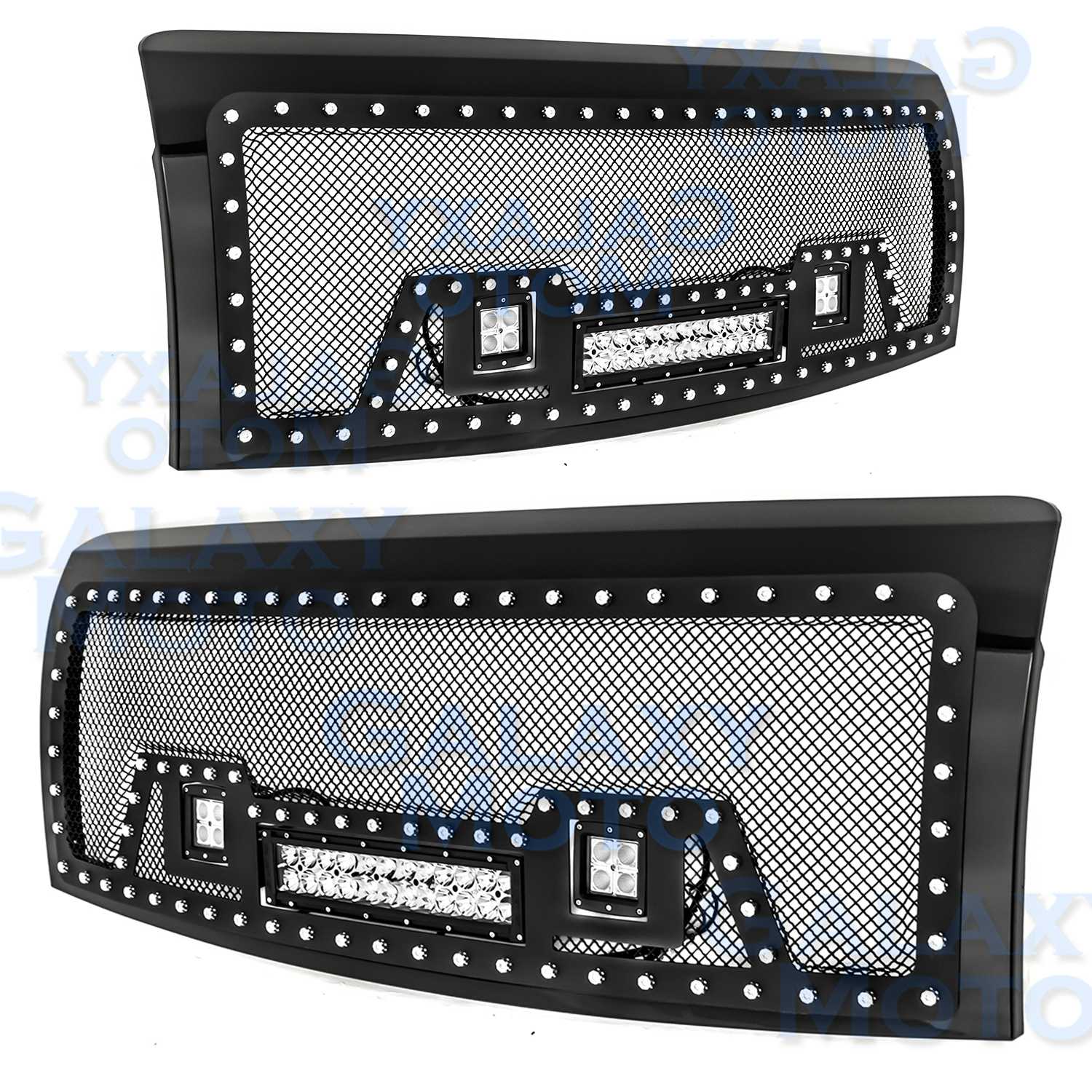09-14 Ford F150 Rivet Black SS Mesh Grille+Black Shell W/ 2x LED+LED Light Bar