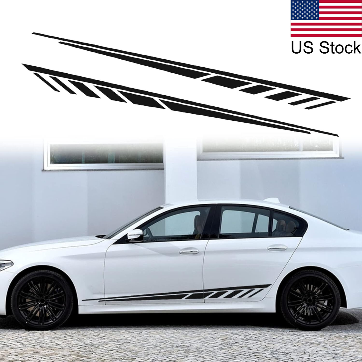 2x Black Racing Sport Graphics Side Skirt Stripes Vinyl Decal Sticker Universal
