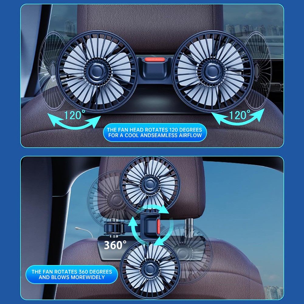 3Speed Wind Multi-Angle Rotatable Air Cooling Fan Car Rear Seat Headrest USB Fan