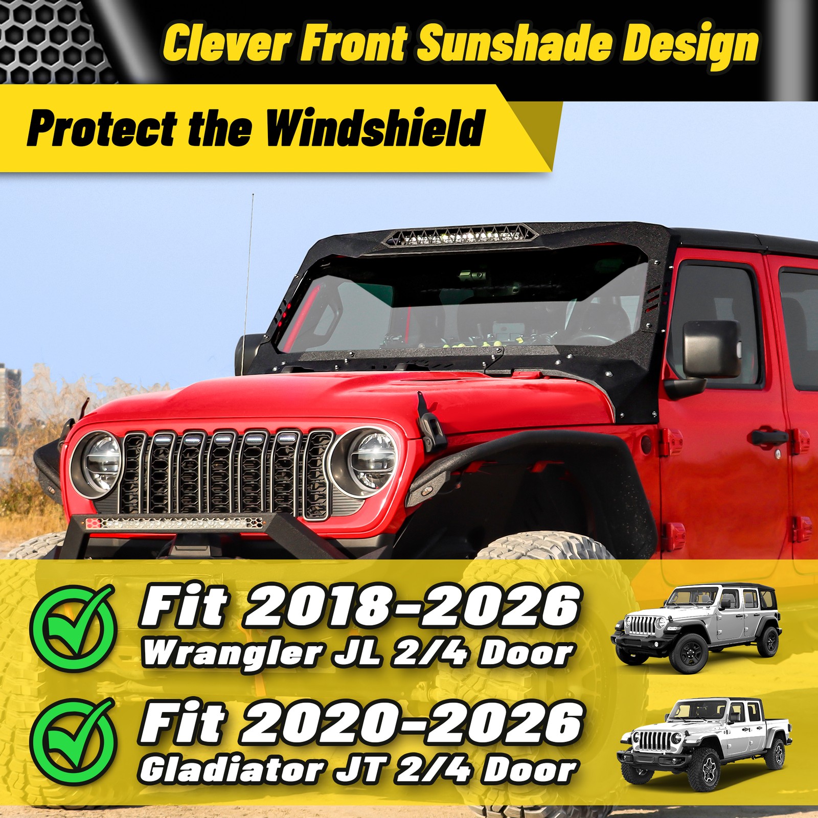 Windshield Frame Cover Visor Cowl For 18-26 Jeep Wrangler JL Gladiator JT Lights
