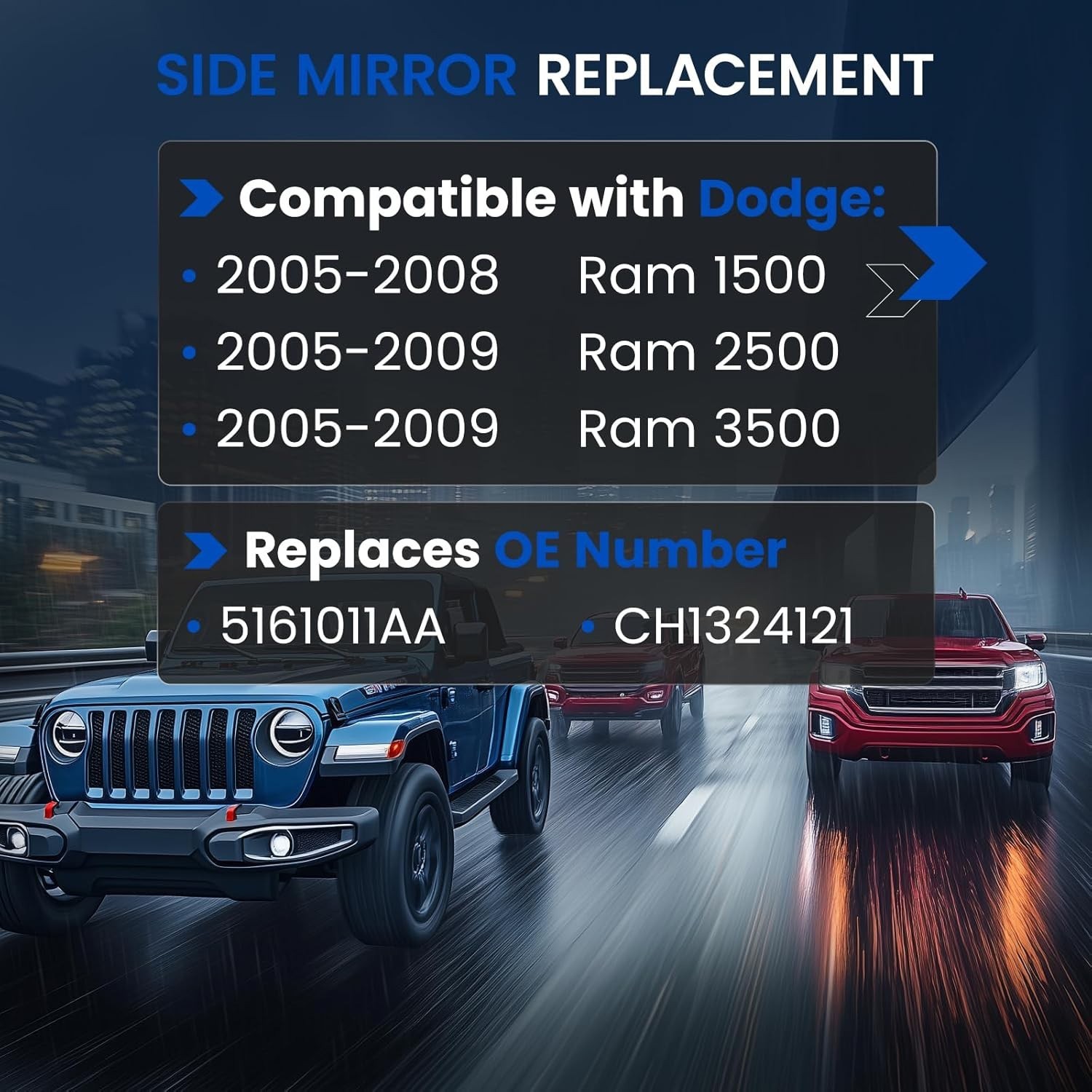 Mirror Glass For 2005-08 Dodge Ram 1500 Heated with Backing Plate Glass
