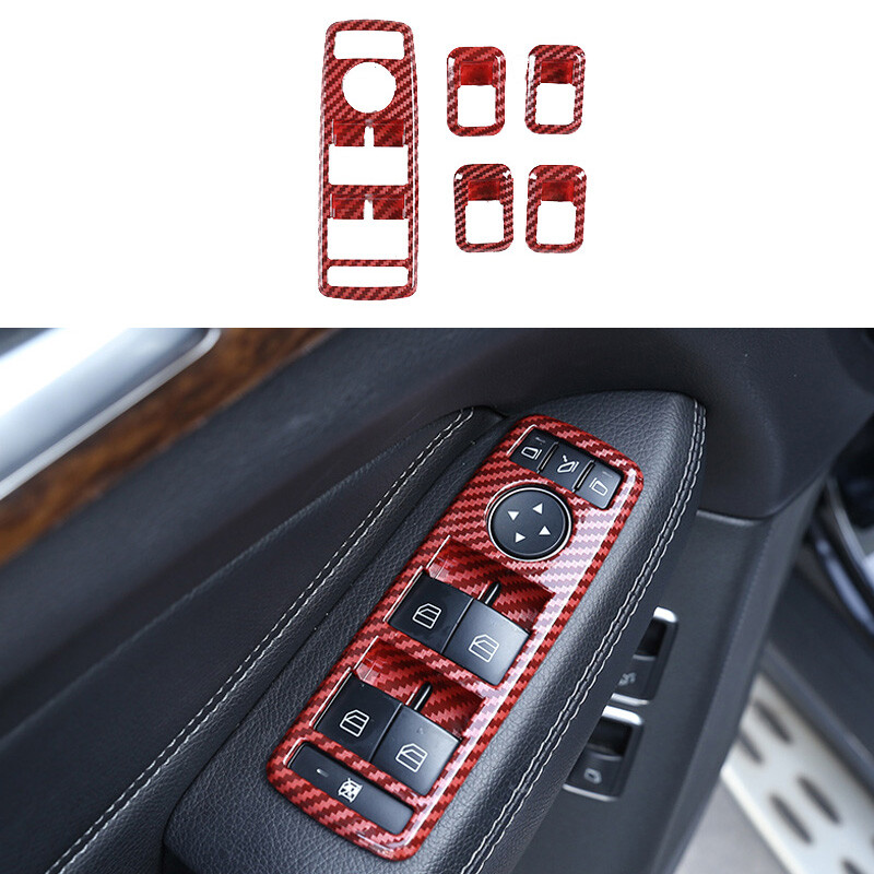For Benz C-Class 2010-2014 Red Carbon Fiber Glass Window Lifting Panel Decor 5pc