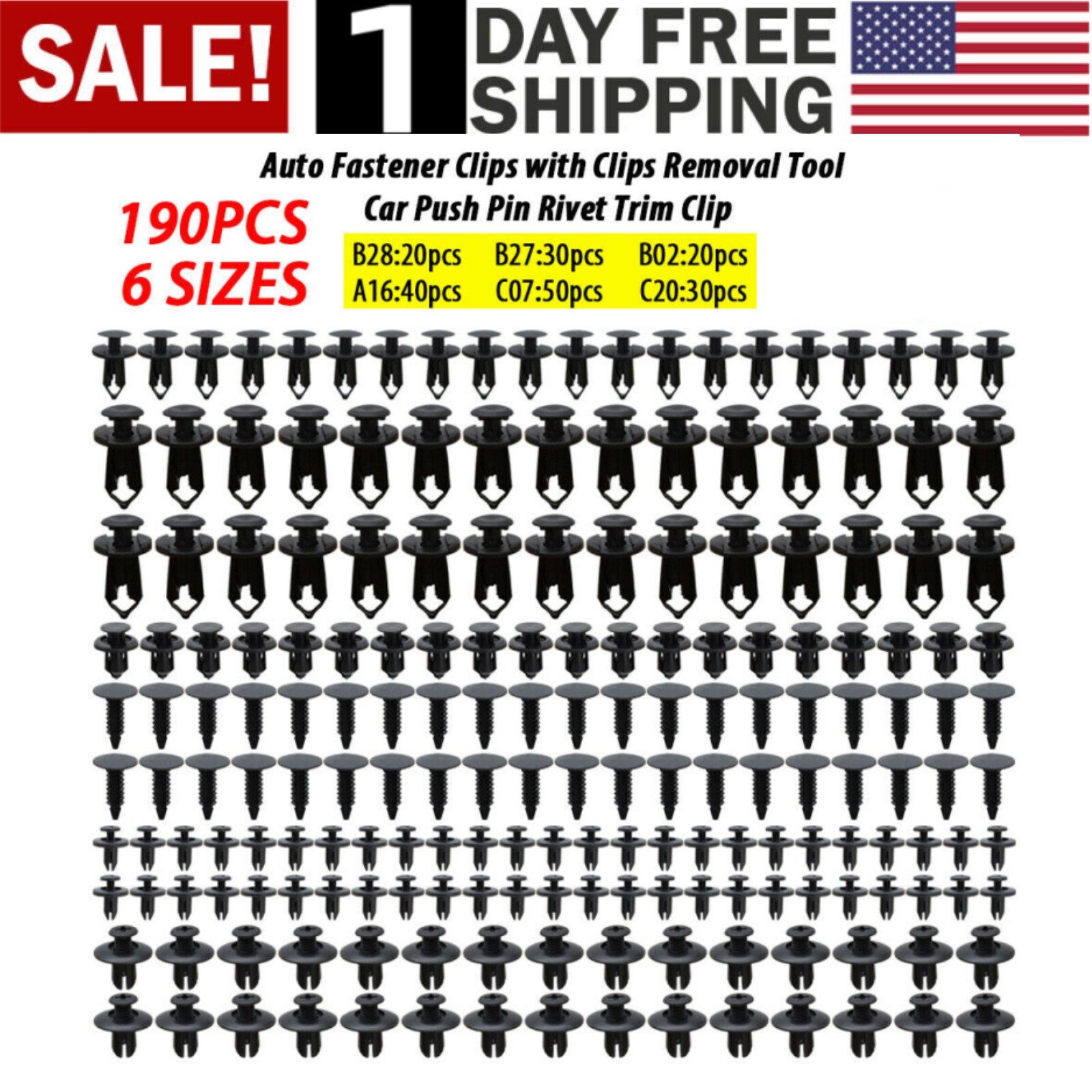 190Pcs Auto Fastener Plastic Fastener Rivet Car Push Pin Rivet Trim Clips Kit US