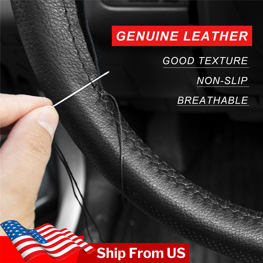 DIY Genuine Leather Car Steering Wheel Cover Needle Thread Anti-slip Black 15″US