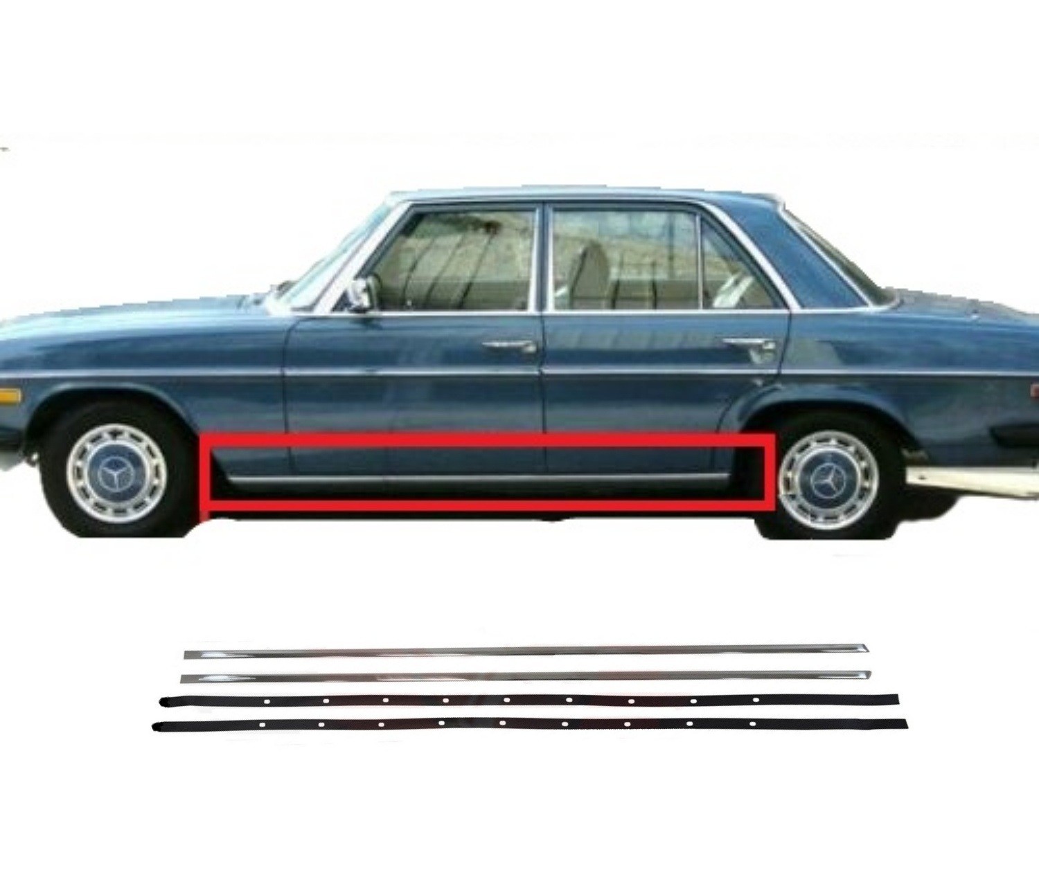 Mercedes W114 W115 Rocker panels lower moulding trims 2 pieces set new
