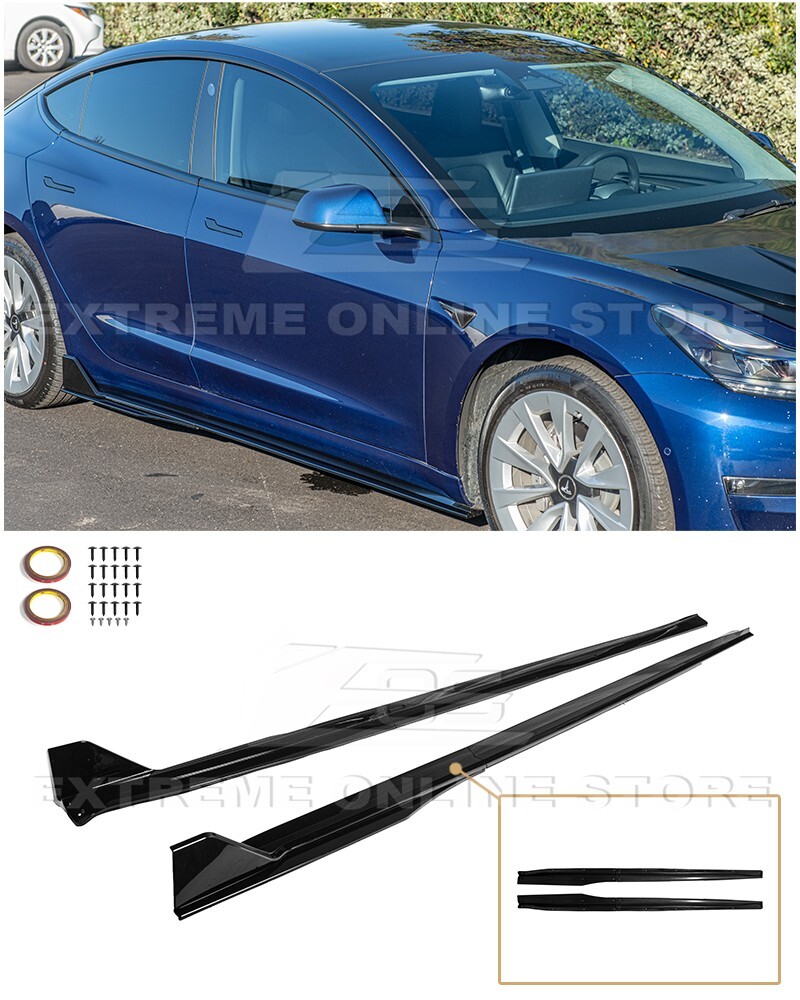 For 17-Up Tesla Model 3 Performance Style GLOSSY BLACK Side Skirts Rocker Panel