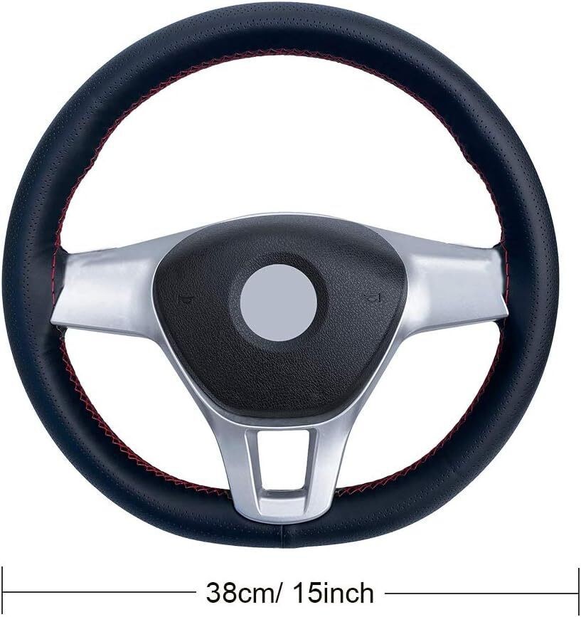 15″/38cm Car Steering Wheel Cover Needle Thread AntiSlip Leather Black