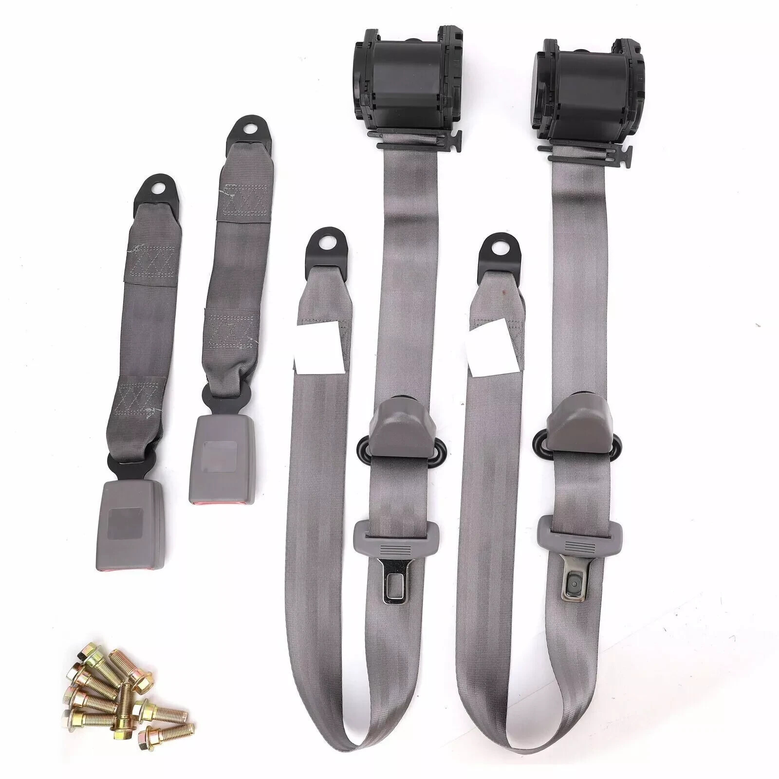 2 Retractable 3 Point Safety Gray Seat Belt Xtra Long 122″ Adjustable Belt Kit