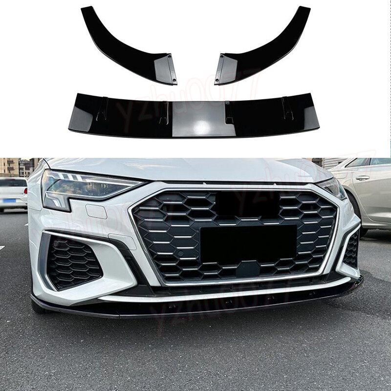 For 2022-2024 Audi A3 Sedan ABS Glossy Black Front Bumper Lip Body Spoiler 3PCS