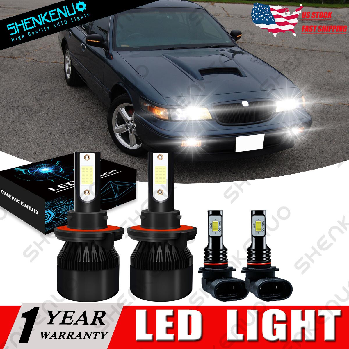 For Mercury Grand Marquis 2006-2011 4X 6000K Front LED Headlight+Fog Lamp Bulbs