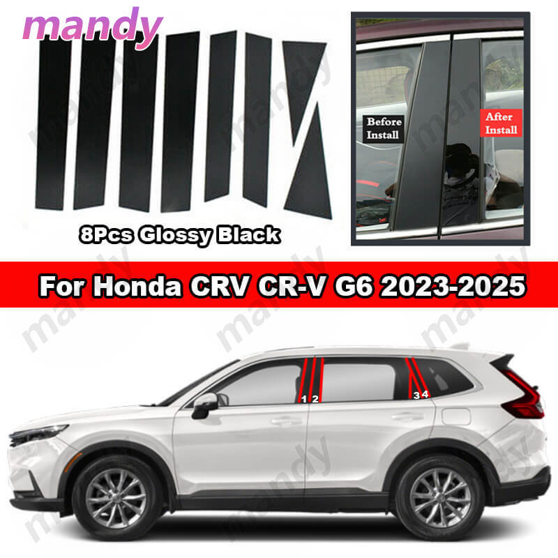8Pcs Glossy Black PC Material Pillar Post Trim For Honda CRV CR-V G6 2023-2025