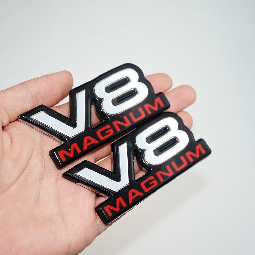 2Pc V8 Front Fender Door Emblem Badge NamePlate 94-01 Magnum Chrome Black Red