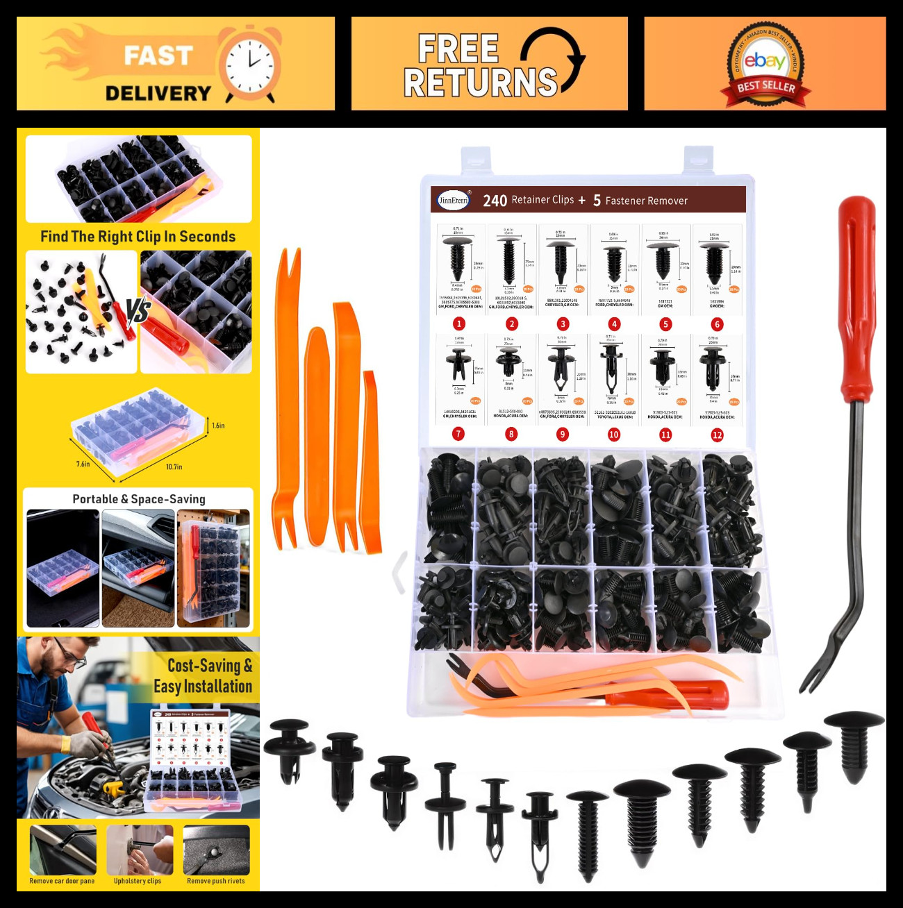 240PCS Auto Bumper Retainer Clips Kit – Plastic Rivets & Push Fasteners Set for