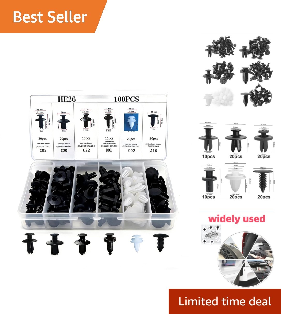 Car Plastic Rivet Clips Kit, 100Pcs, 6 Sizes | ABS Material, Bumper Push Reta…