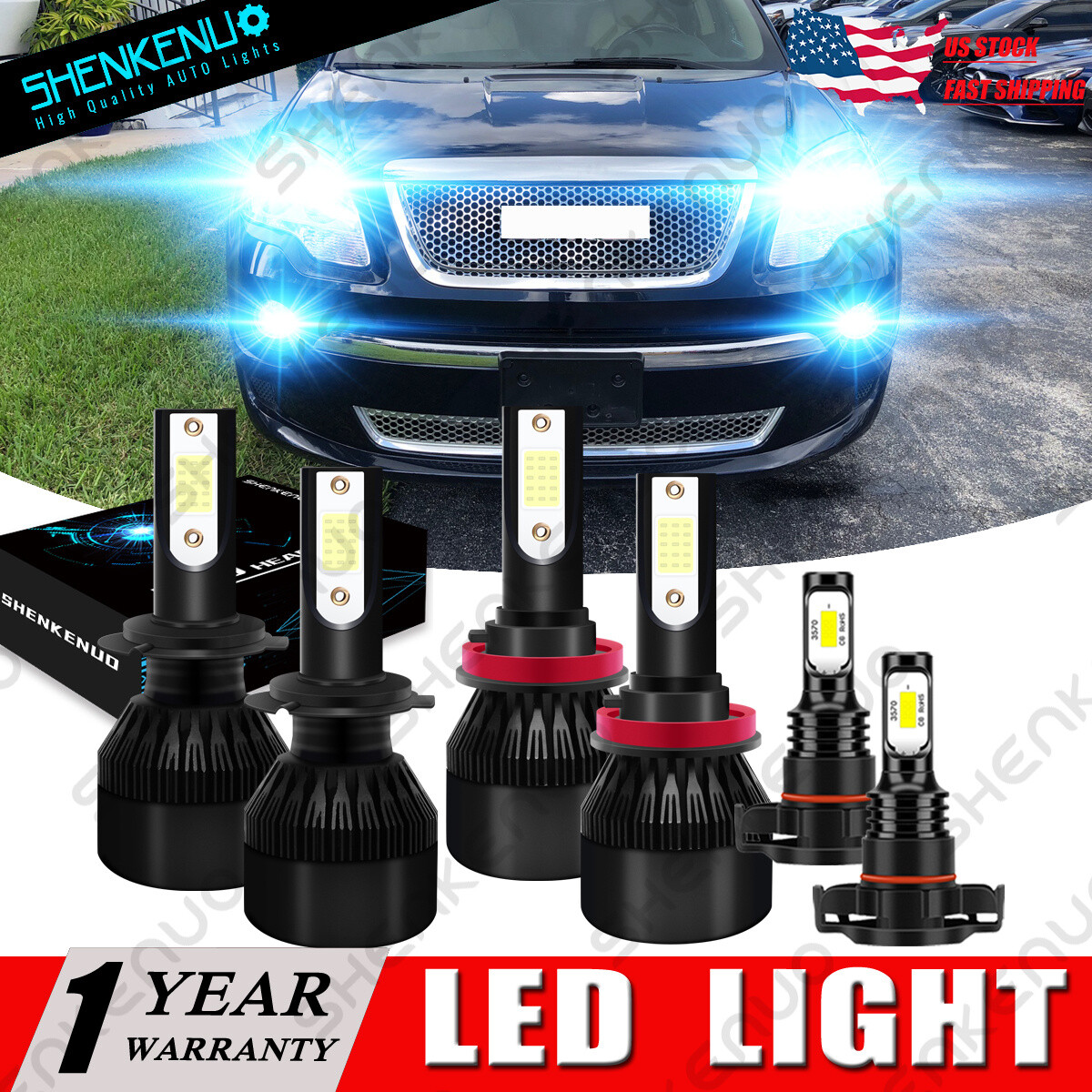 For GMC Acadia 2007 2008-2011 2012 8000K Front COB LED Headlight + Fog Light C9L