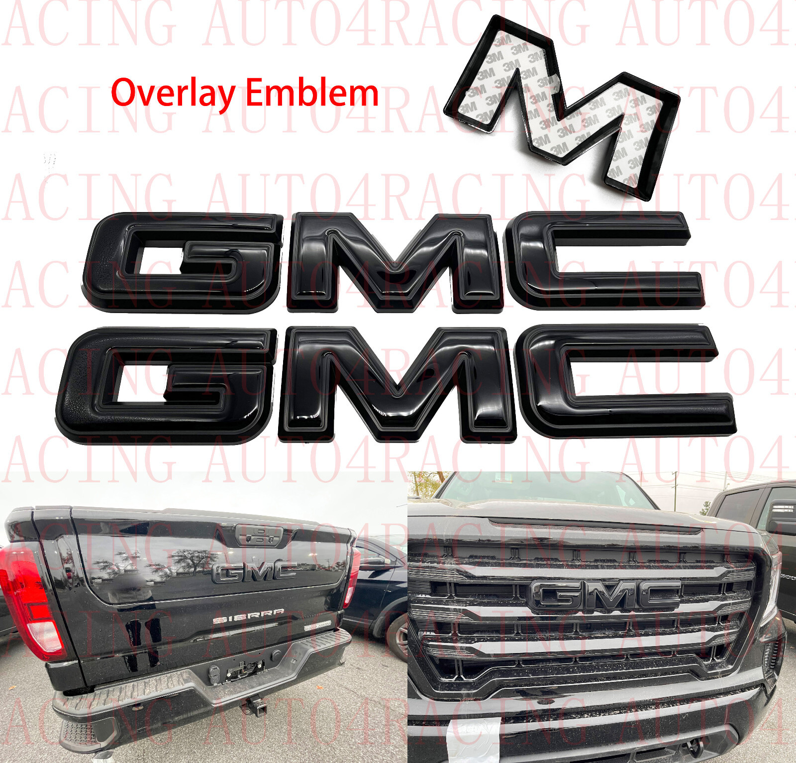 Front Rear Gloss Black Emblem Overlay 2019-2023 GMC Sierra 1500 2500HD 3500HD