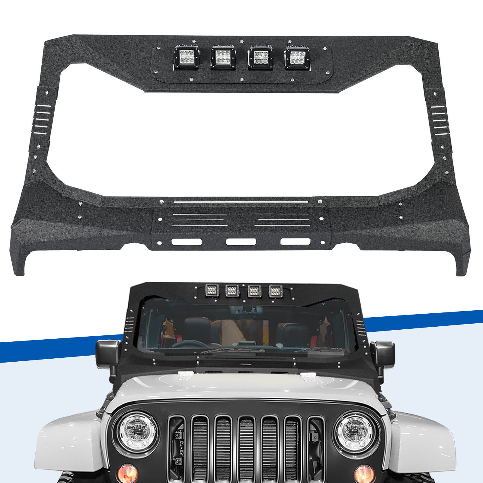 For Jeep Wrangler JK 07-18 Armor Windshield Frame Cover Visor Cowl w/ LED Lights