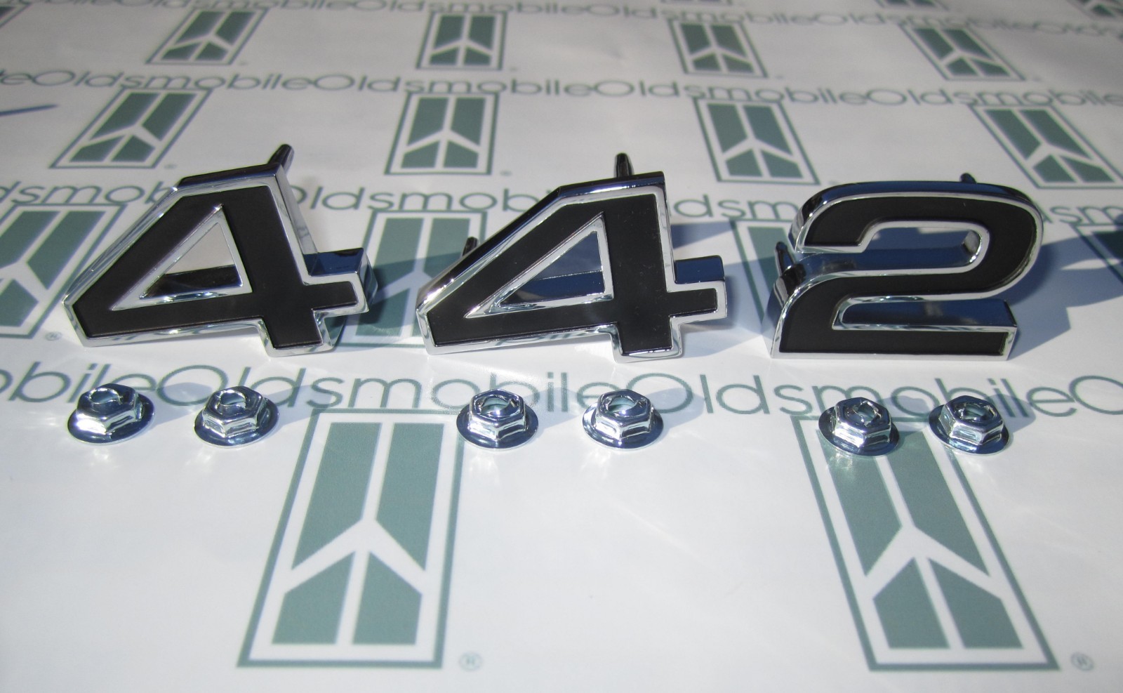 1968 Olds Cutlass “442” Front Fender Emblem Set with Hardware | Chrome & Painted