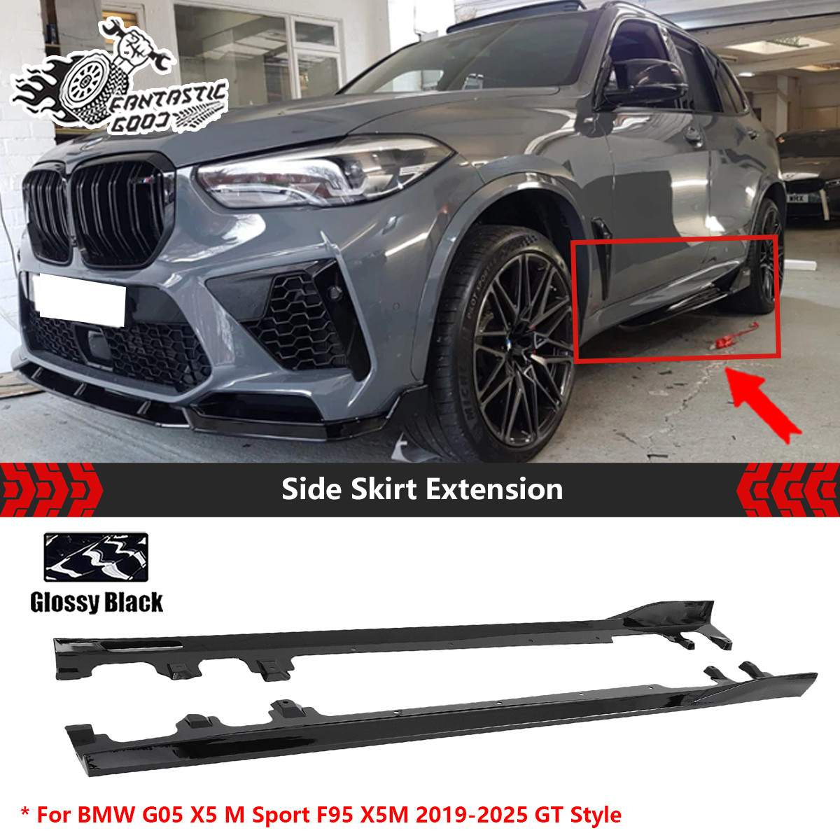 For BMW F95 G05 X5 M-Sport & X5M 19-25 GT Style Side Skirt Extension Gloss Black