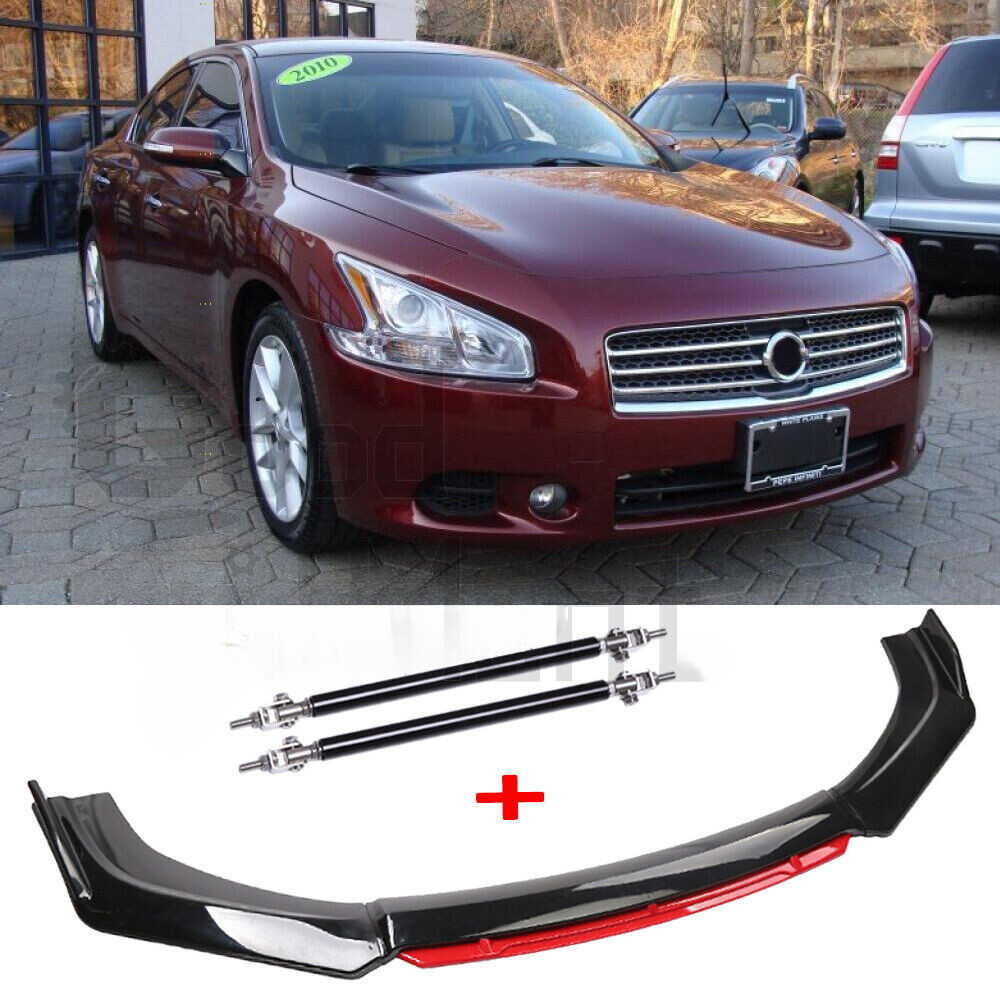 适用于日产 Maxima S SV Sedan 黑色和红色前保险杠唇部分离器 + 支柱杆-