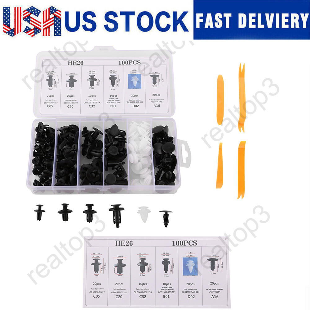 100pc Plastic Rivets Fastener Fender Bumper Push Clips w/ Removal Tool + 4 Tool