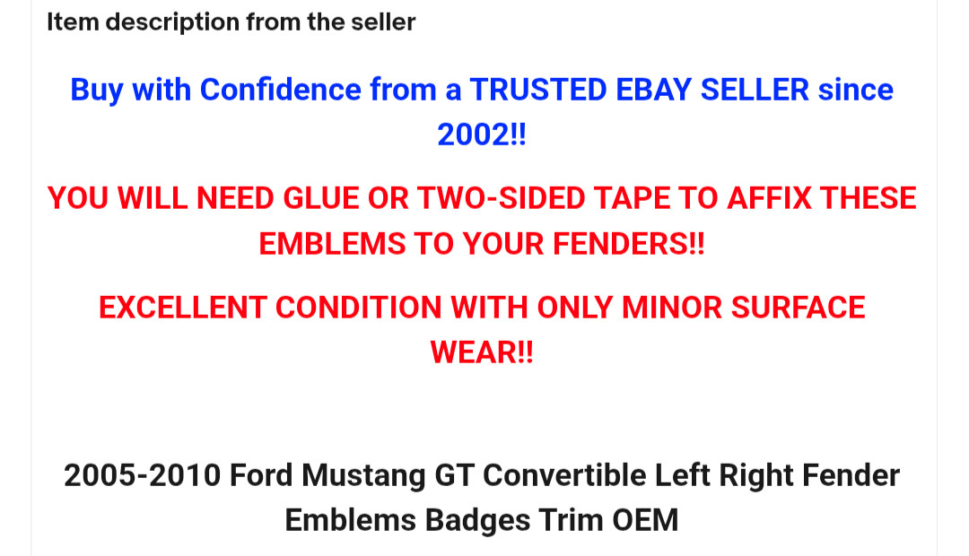 2005-2010 Ford Mustang GT Convertible Left Right Fender Emblems Badges Trim OEM
