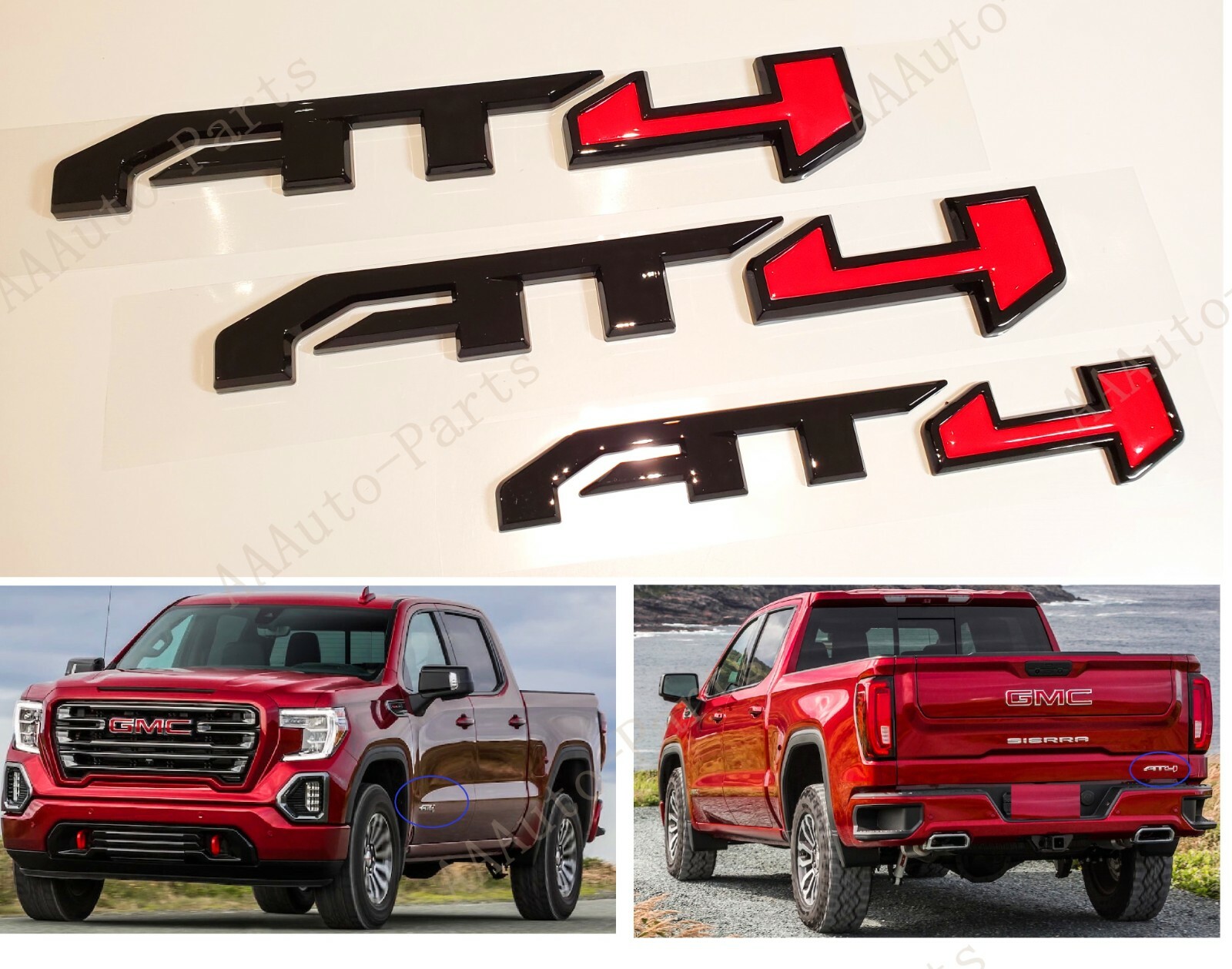 3PCS Set Gloss Black Red AT4 Emblems Badge Fit GMC Canyon Sierra 2500HD Yukon
